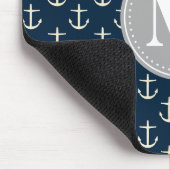 Navy Blue Cream Anchor Muster Grau Monogramm Mousepad (Ecke)