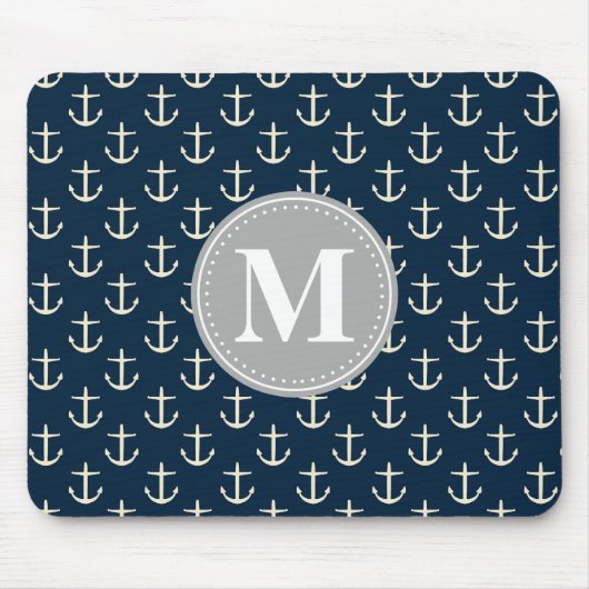 Navy Blue Cream Anchor Muster Grau Monogramm Mousepad (Vorne)