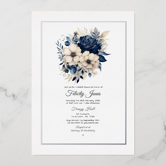 Navy Blue, Creme and Silver Floral Brautparty Folieneinladung (Vorderseite)