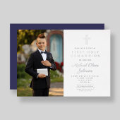 Navy Blue Cross Boy Foto Erste Kommune Silver Folieneinladung