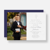 Navy Blue Cross Boy Foto Erste Kommune Silver Folieneinladung