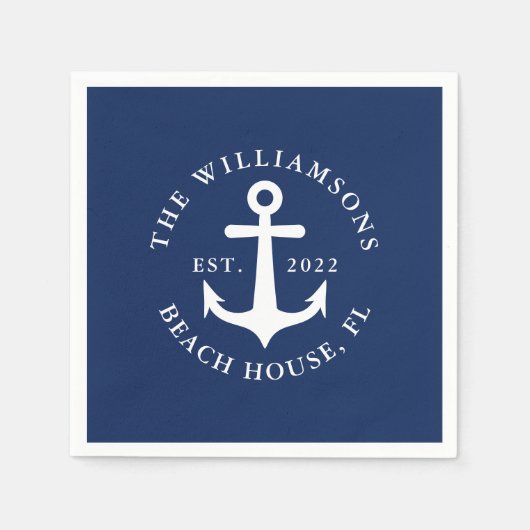 Navy Blue Custom Family Name Nautical Anchor Serviette (Vorderseite)