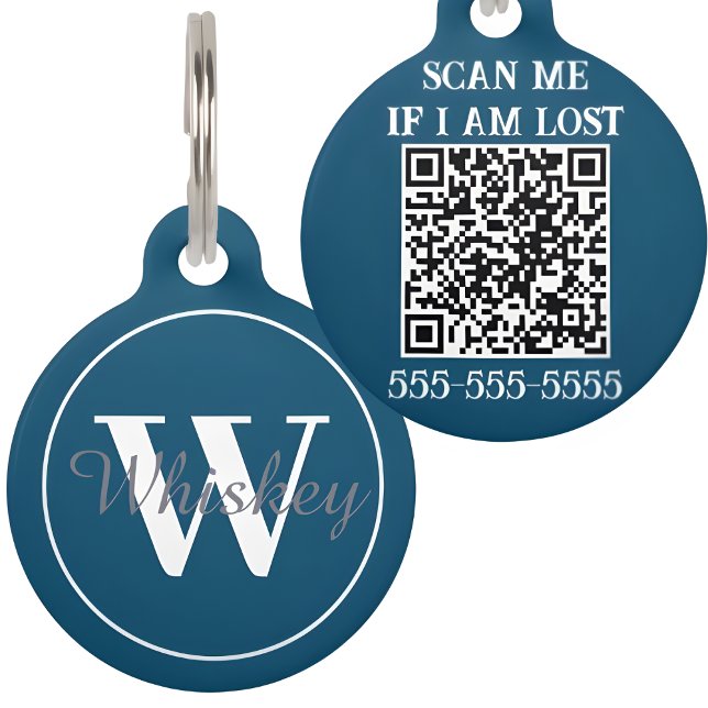 Navy Blue Custom QR Code und Monogram Pet Name Haustiermarke (Von Creator hochgeladen)