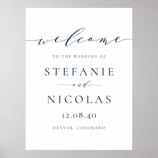 Navy Blue Dainty Script Simple Wedding Willkommen Poster (Vorne)