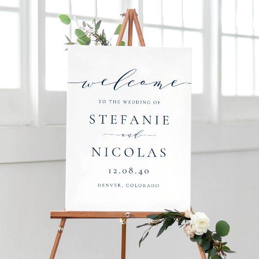 Navy Blue Dainty Script Simple Wedding Willkommen Poster