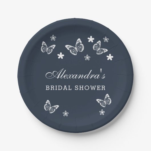 Navy Blue Daisy White Butterfly Brautparty Pappteller (Vorderseite)