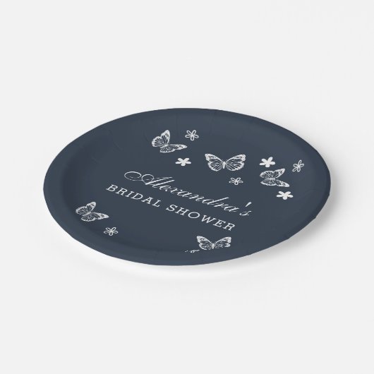 Navy Blue Daisy White Butterfly Brautparty Pappteller (Schrägansicht)