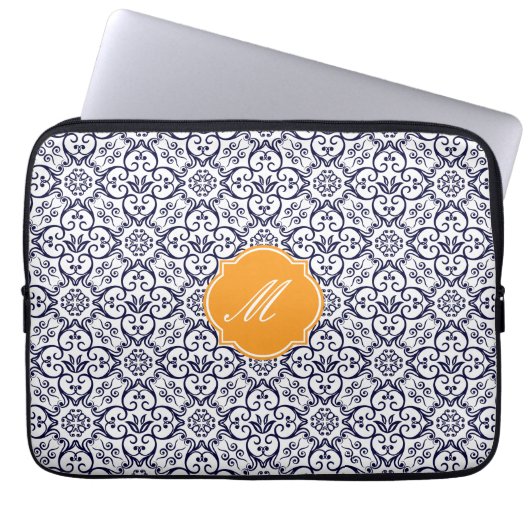 Navy Blue Damaks Muster Laptop Sleeve (Vorderseite)