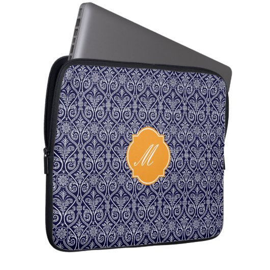 Navy Blue Damaks Muster Laptop Sleeve (Vorne Rechts)