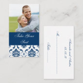 Navy Blue Damask Foto Hochzeit Platzkarte (Vorne/Hinten)