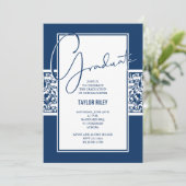 Navy Blue Damask Graduation Party Einladung (Stehend Vorderseite)