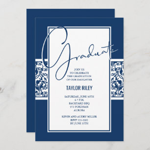 Navy Blue Damask Graduation Party Einladung