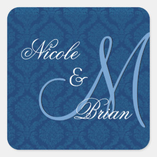 Navy-Blue-Damask-Hochzeits-Braut-Br%C3%A4utigam-Mo Quadratischer Aufkleber