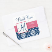 Navy Blue Damask Hochzeitsticker Pink Quadratischer Aufkleber (Umschlag)