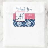 Navy Blue Damask Hochzeitsticker Pink Quadratischer Aufkleber (Tasche)