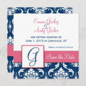 Navy Blue Damask Monogram G Save the Date rosa (Vorne/Hinten)