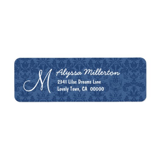 Navy Blue Damask Monogram M Ver 001 Adressetikett (Vorne)
