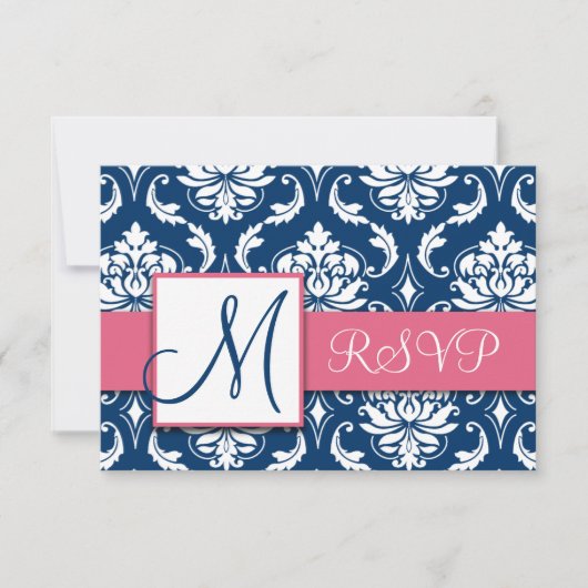 Navy Blue Damask Monogram Wedding RSVP Pink (Vorderseite)