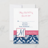 Navy Blue Damask Monogram Wedding RSVP Pink (Rückseite)