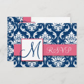 Navy Blue Damask Monogram Wedding RSVP Pink (Vorne/Hinten)