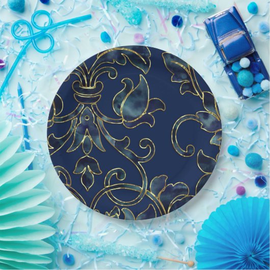 Navy Blue Damask Muster über Ihre Farbwahl Pappteller (Party)