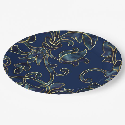 Navy Blue Damask Muster über Ihre Farbwahl Pappteller (Schrägansicht)