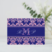Navy Blue Damask Pink Glitzer Wedding RSVP (Stehend Vorderseite)