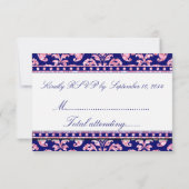 Navy Blue Damask Pink Glitzer Wedding RSVP (Rückseite)
