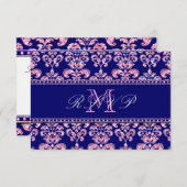 Navy Blue Damask Pink Glitzer Wedding RSVP (Vorne/Hinten)