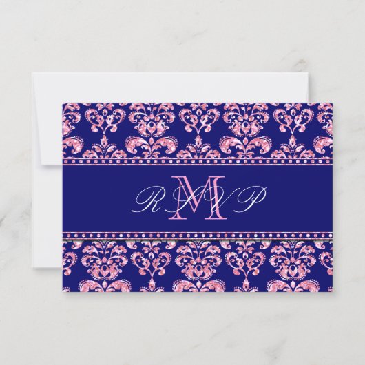 Navy Blue Damask Pink Glitzer Wedding RSVP Karte (Vorderseite)