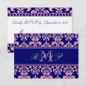 Navy Blue Damask Pink Glitzer Wedding RSVP Karte (Vorne/Hinten)