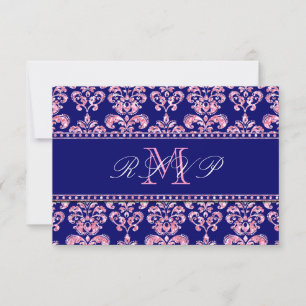 Navy Blue Damask Pink Glitzer Wedding RSVP Karte