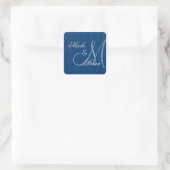 Navy Blue Damask Wedding Bride Groom Monogram Quadratischer Aufkleber (Tasche)