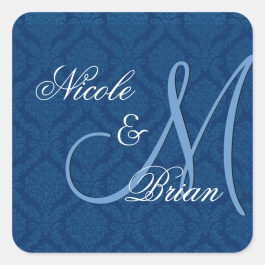 Navy Blue Damask Wedding Bride Groom Monogram Quadratischer Aufkleber (Vorderseite)