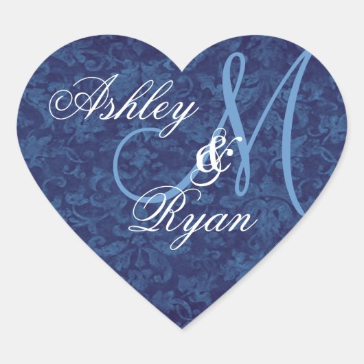 Navy Blue Damask Wedding Custom Monogram Heart Herz-Aufkleber (Vorderseite)