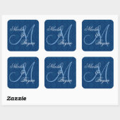 Navy Blue Damask Wedgebride Groom Monogram V2A Quadratischer Aufkleber (Blatt)