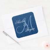 Navy Blue Damask Wedgebride Groom Monogram V2A Quadratischer Aufkleber (Umschlag)