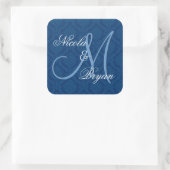 Navy Blue Damask Wedgebride Groom Monogram V2A Quadratischer Aufkleber (Tasche)