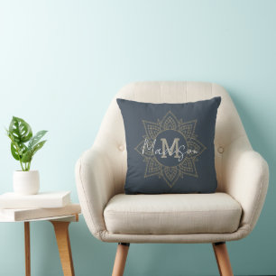 Navy Blue Dark Gray Gold Mandala Name Monogram Kissen