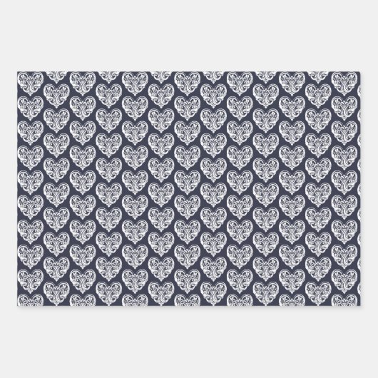 Navy Blue Decorative Heart Geschenkpapier Set (Vorderseite)