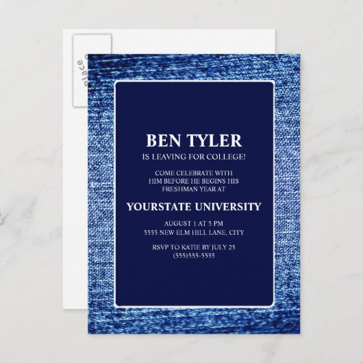 Navy Blue Denim Uni Trunk Party Einladungspostkarte (Vorne/Hinten)