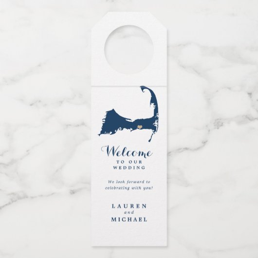 Navy Blue Dennis Cape Cod Map Gold Heart Wedding Flaschenanhänger (Vorderseite)