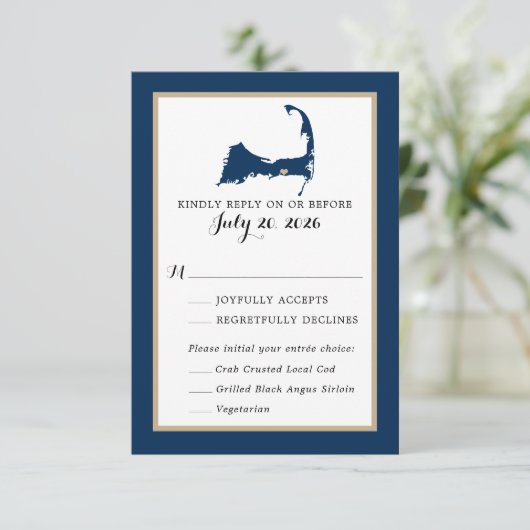 Navy Blue Dennis Cape Cod Map Wedding RSVP Menü Karte (Stehend Vorderseite)