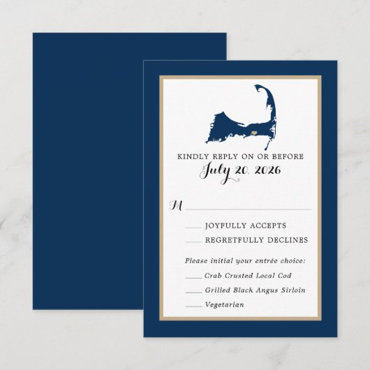 Navy Blue Dennis Cape Cod Map Wedding RSVP Menü Karte (Vorne/Hinten)