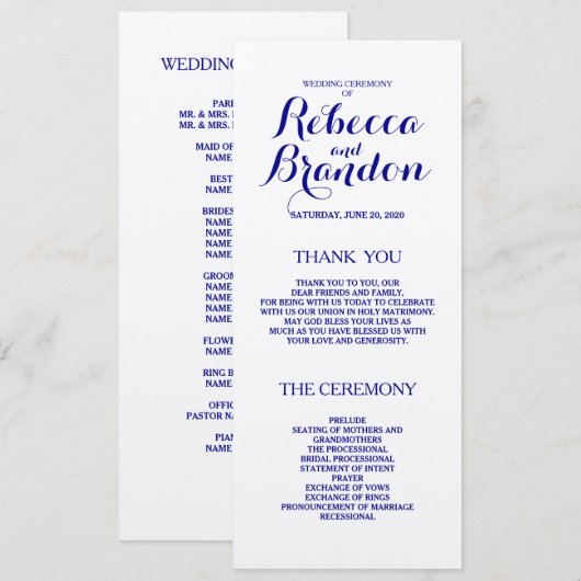 Navy Blue Designer Skript Custom Wedding Programm (Vorne/Hinten)
