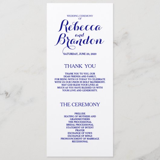 Navy Blue Designer Skript Custom Wedding Programm (Vorderseite)