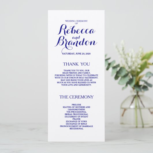 Navy Blue Designer Skript Custom Wedding Programm (Stehend Vorderseite)