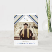 Navy Blue Diagonal Stripes Foto Moderner Abschluss Dankeskarte (Vorderseite)