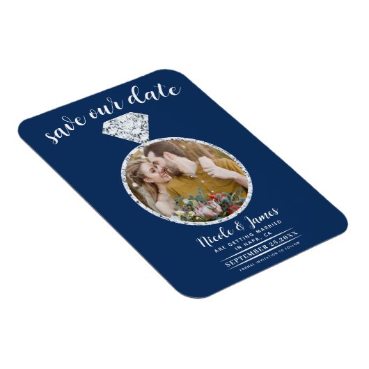 Navy Blue Diamond Ring Blende Foto Save the Date Magnet (Rechte Seite)