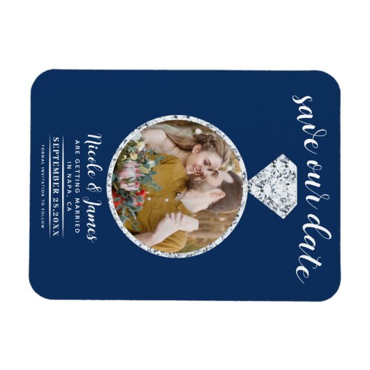 Navy Blue Diamond Ring Blende Foto Save the Date Magnet (Horizontal)